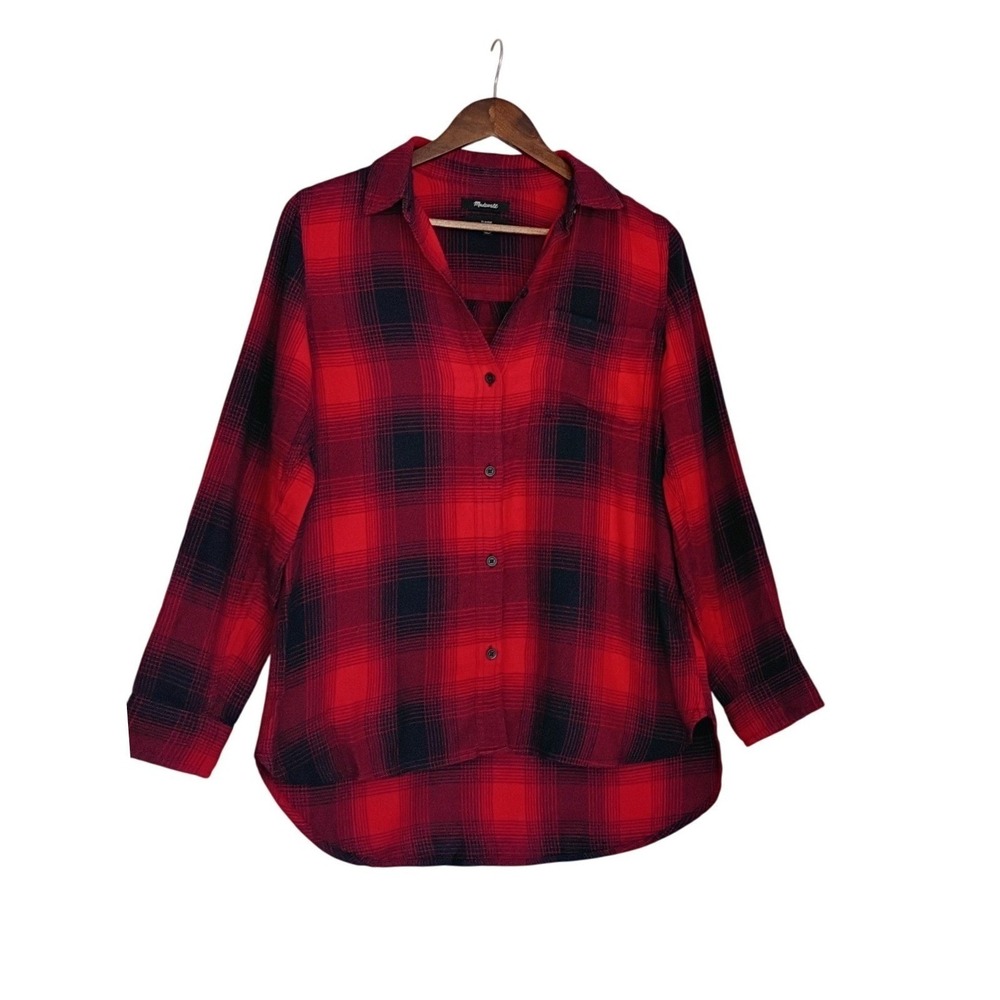 Madewell Red Navy Plaid Button Down Shirt Cotton Blend Hi-Low Hem Fits Women M/L